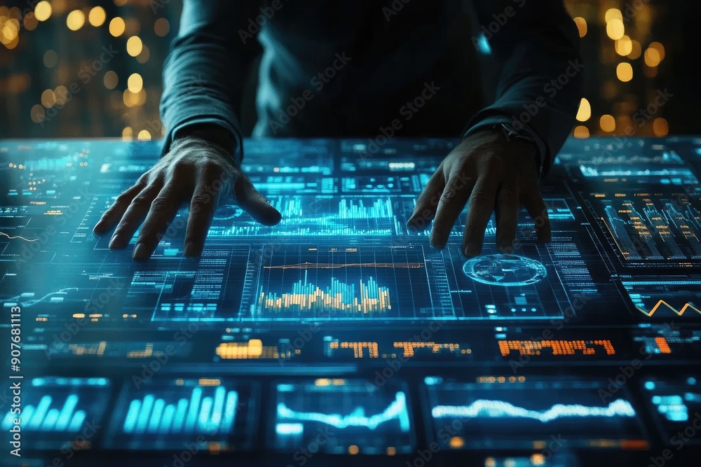 Poster Businessman working late analyzing big data on interactive touchscreen table