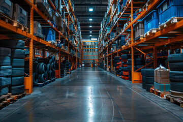 tire warehouse, automotive concept wallpaper, tyre workshop, neat and clean, stack tires