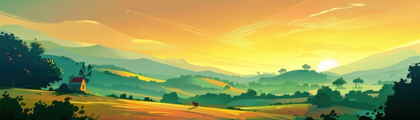 Obraz premium A serene landscape depicting rolling hills under a vibrant sunset, perfect for conveying tranquility and natural beauty.