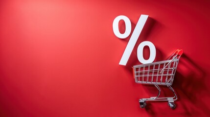 Close up photo of % text made from white shopping carts isolated over red background representing sales and offers, promotional highlight, vibrant backdrop, discount focus