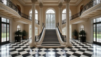 Elegant white staircase with black railing in luxurious hall