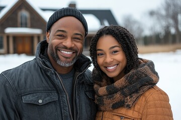 Happy couple smiling outside their house in winter