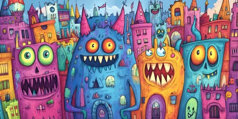 Obraz premium Funny monsters posing in a colorful city