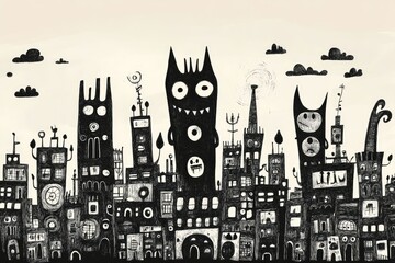 Obraz premium Black and white cartoon city with monsters emerging from buildings