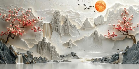 Abstract Elegance: Volumetric Plaster Art on a Concrete Wall with Gold Accents, Reflecting Japanese Landscapes of Mountains, Waterfalls, and Cherry Blossoms