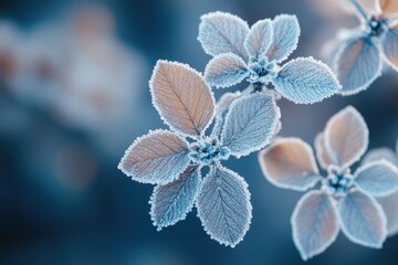 Frozen leaves covered with hoarfrost are glowing on cold winter day