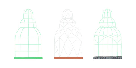 Set of hand drawn greenhouses in flat style. Garden, nature, plants. Vector simple illustration.
