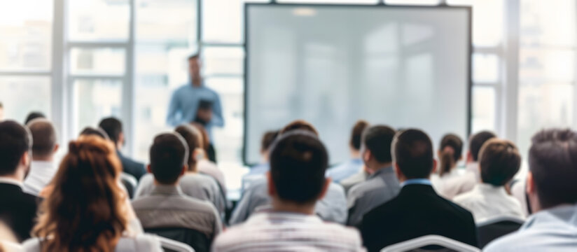 Blurred speaker is standing in front of an audience, presenting on the stage with a whiteboard and projector.