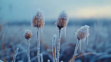 Frozen flower covered by snow on a sunny winter day