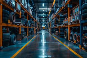 Fototapeta premium tire warehouse, automotive concept wallpaper, tyre workshop, neat and clean, stack tires