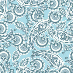 Turkish Cucumber Paisley seamless vector pattern in traditional Oriental style. Decorated with flowers, leaves, and fantasy elements, for fabric, textile and wallpaper covers