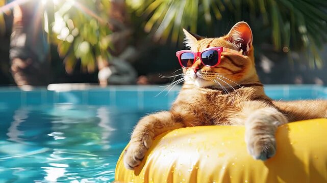 Chilled cat lounging in pool with sunglasses on sunny day