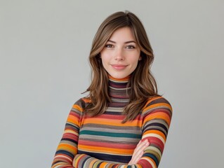 Studio portrait of a young happy woman looking to the camera, light grey background, wearing a turtle neck