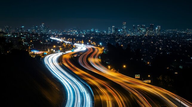 City highway at night with light trails and skyline.