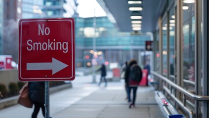 Fototapeta premium Urban Street Scene with No Smoking Sign in Modern Busy City