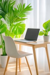 Fototapeta premium Bright workspace with lush greenery and natural light in a cozy home office