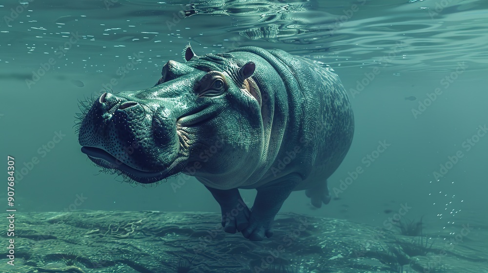 Sticker hippopotamus underwater