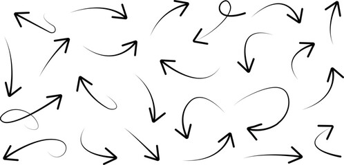 Hand drawn arrows collection Set simple flat arrows isolated on white background. Arrow mark icons and arrow paint. Stock vector illustration.