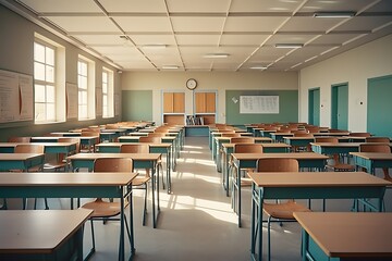 Classroom interior vintage wooden lecture wooden chairs and desks. Back to school concept in high school.