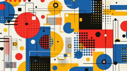 Abstract Bauhaus geometric pattern featuring bold shapes and primary colors. Clean, minimalist design. Vector art