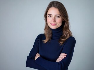 Fototapeta premium Studio portrait of a young happy woman looking to the camera, light grey background, wearing a turtle neck