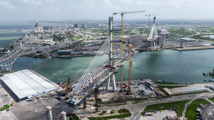 Corpus Christi, TX, USA, aerial landscape view of construction site of "New Harbor Bridge" aka as "US 181 Harbor Bridge" a Cable-stayed bridge still under construction 