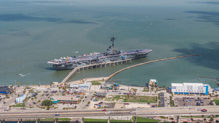 Corpus Christi, TX, USA, aerial view of USS Lexington, CV-16, a World War II - vintage Essex Class...