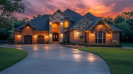 Luxurious brick house illuminated at sunset, wide view.
