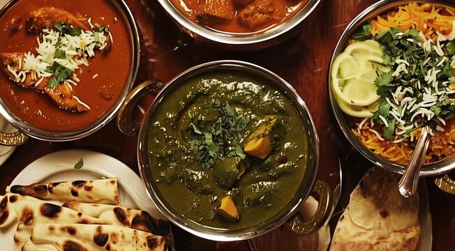 A variety of Indian dishes are displayed, including curry, rice, naan, and saag in metal bowls. The dishes are garnished with fresh herbs, lemon slices, and spices.