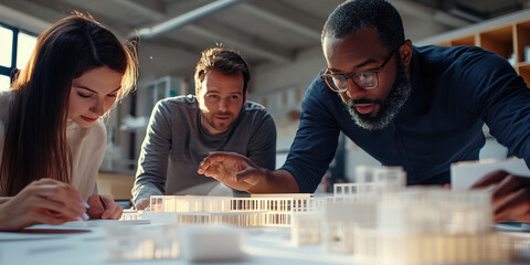 Concrete Collaboration: A team of engineers and architects brainstorming ideas while examining a 3D model of a proposed structure