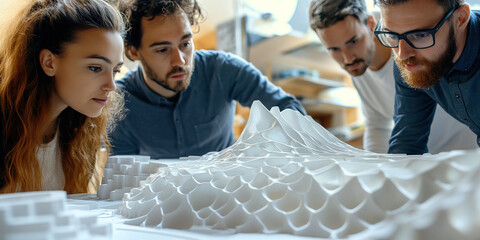 Concrete Collaboration: A team of engineers and architects brainstorming ideas while examining a 3D model of a proposed structure