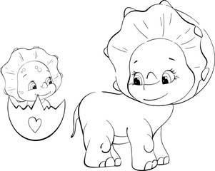 Vector dinosaurs mom and baby Triceratops. Clipart for baby shower, nursery, decor, stickers, prints with historical animals. Black line silhouette for circuit
