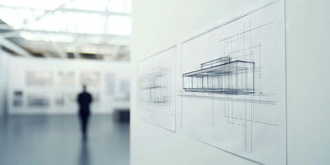 Fototapeta premium Precise Plans on Display: Blueprints hanging on a whitewall, showing a modern minimalist building