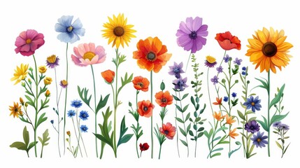 Bright and colorful spring flower elements, including sunflowers and poppies, in vector format on a white backdrop