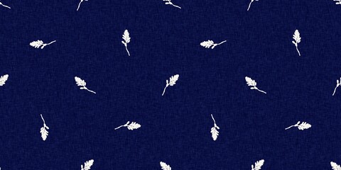 Indigo denim blue leaf motif seamless border. Japanese dye batik fabric style effect print edging swatch. 