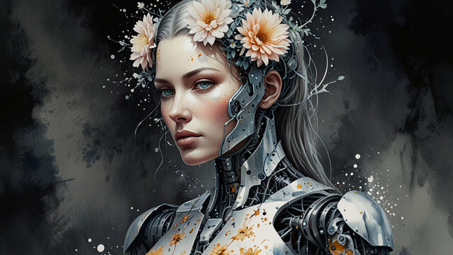 Watercolor Painting: Stunning and surreal art of a shining female robot with hammered matt silver, adorned with delicate flowers within.