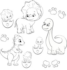Vector set - dinosaurs moms and baby, and rocks. Clipart for baby shower, nursery, decor, stickers, prints with historical animals. Black line silhouette for circuit