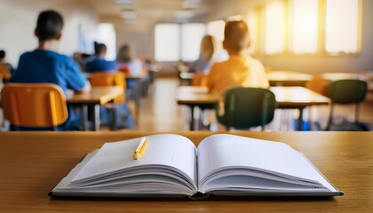 Open notebook on desk in a classroom with students in the background