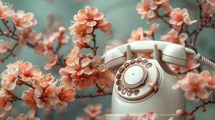 A product photo of white dial phone in pink Sakura blossom background. ultra-high-definition vision, free space for text at a side of the photo. Vintage photo background with a dial phone. Retro theme