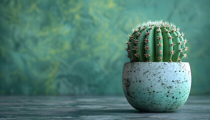 A small green cactus in a ceramic pot on a table / floor with green wall background, suitable for copy space image.