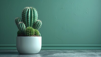 A small green cactus in a ceramic pot on a table / floor with green blurred background, suitable for copy space image.