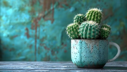 A small green cactus in a ceramic pot on a table / floor with green wall background, suitable for copy space image.