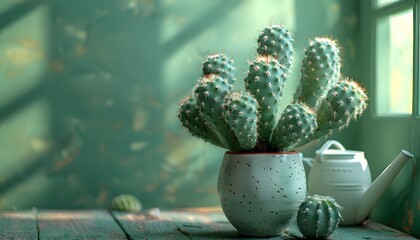 A small green cactus in a ceramic pot on a table / floor with green wall background, suitable for copy space image.