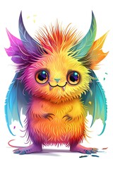 Fototapeta premium Playful monster with colorful fur and small wings, cute cartoon, isolated on white background