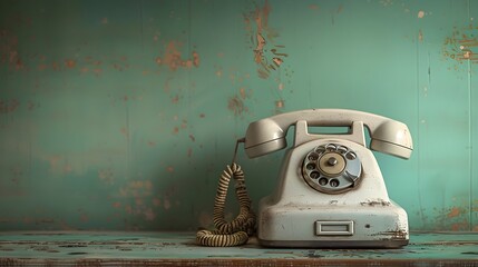 A product photo of white dial phone. ultra-high-definition vision, realism, background soft green. free space for text at a side of the photo. Vintage photo background with a dial phone. Retro theme