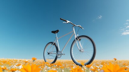 Naklejka premium A sleek bicycle standing amidst vibrant orange flowers under a clear blue sky, perfect for conveying freedom and adventure.