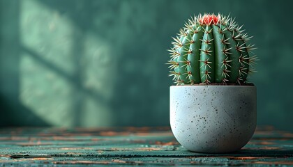 A small green cactus with blossom in a ceramic pot on a table / floor with green blurred background, suitable for copy space image.