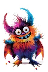 Fototapeta premium Playful monster with colorful fur and small wings, cute cartoon, isolated on white background