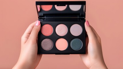 A vibrant eyeshadow palette featuring six stunning shades held in hands against a soft pink background.