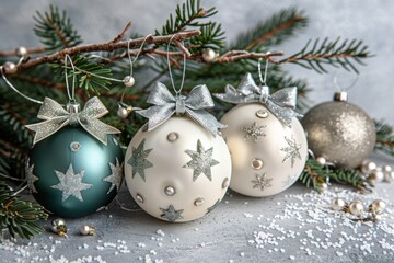 Elegant Christmas ornaments with green and white balls decorated in silver with festive pine branches